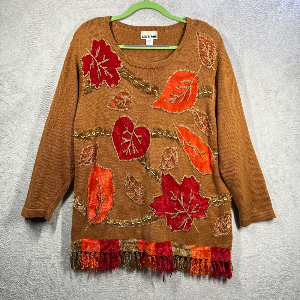 Liz & Me Sweater Womens 1X Brown Fall Leaf Embroidered Fringe Hem Novelty Knit
